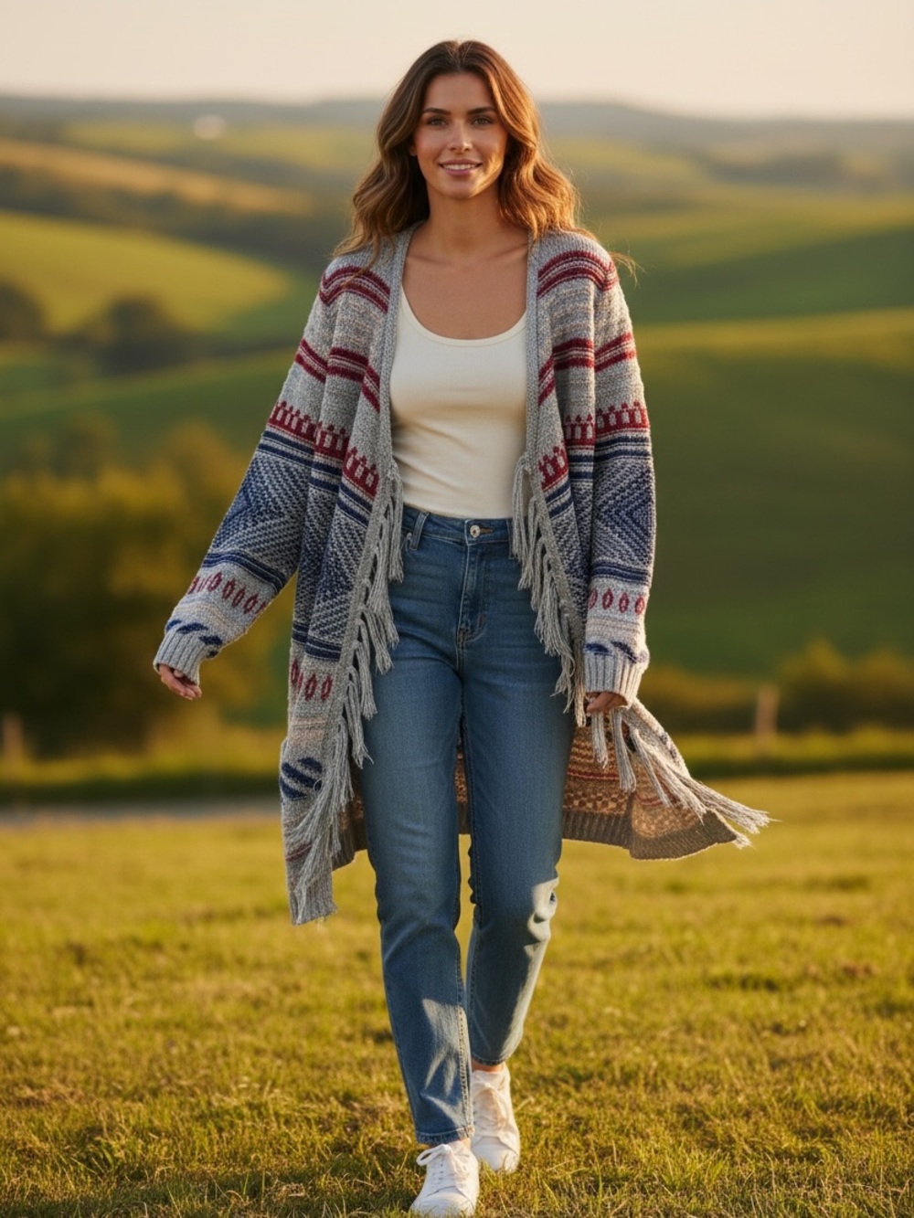 American Eagle Outfitters Aztec Fringe Open Front Cardigan Sweater Size L